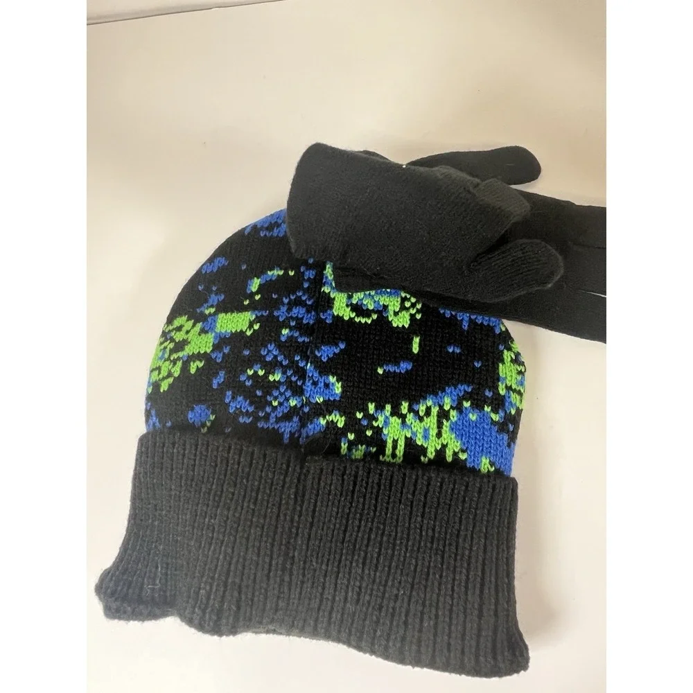 Boys Dinosaur Hat & Gloves Set Green Blue Black‎ Beanie Winter NEW